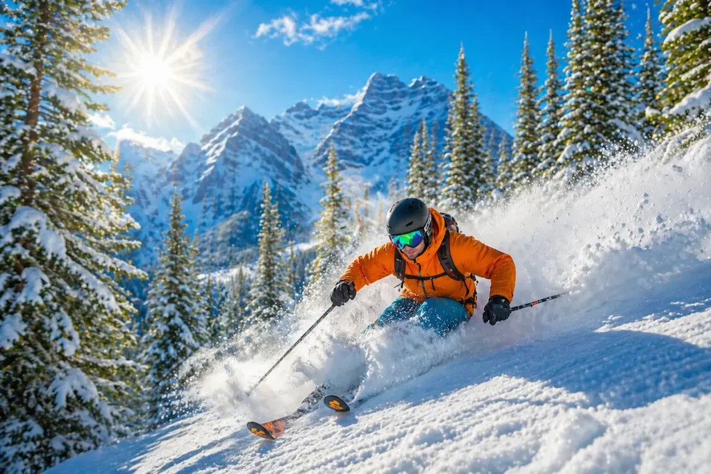 Esquiador con chaqueta naranja en powder snow con las Rocosas canadienses al fondo