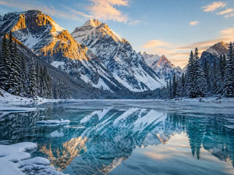 Lago helado en Banff con reflejo de montañas nevadas de las Rocosas canadienses al atardecer