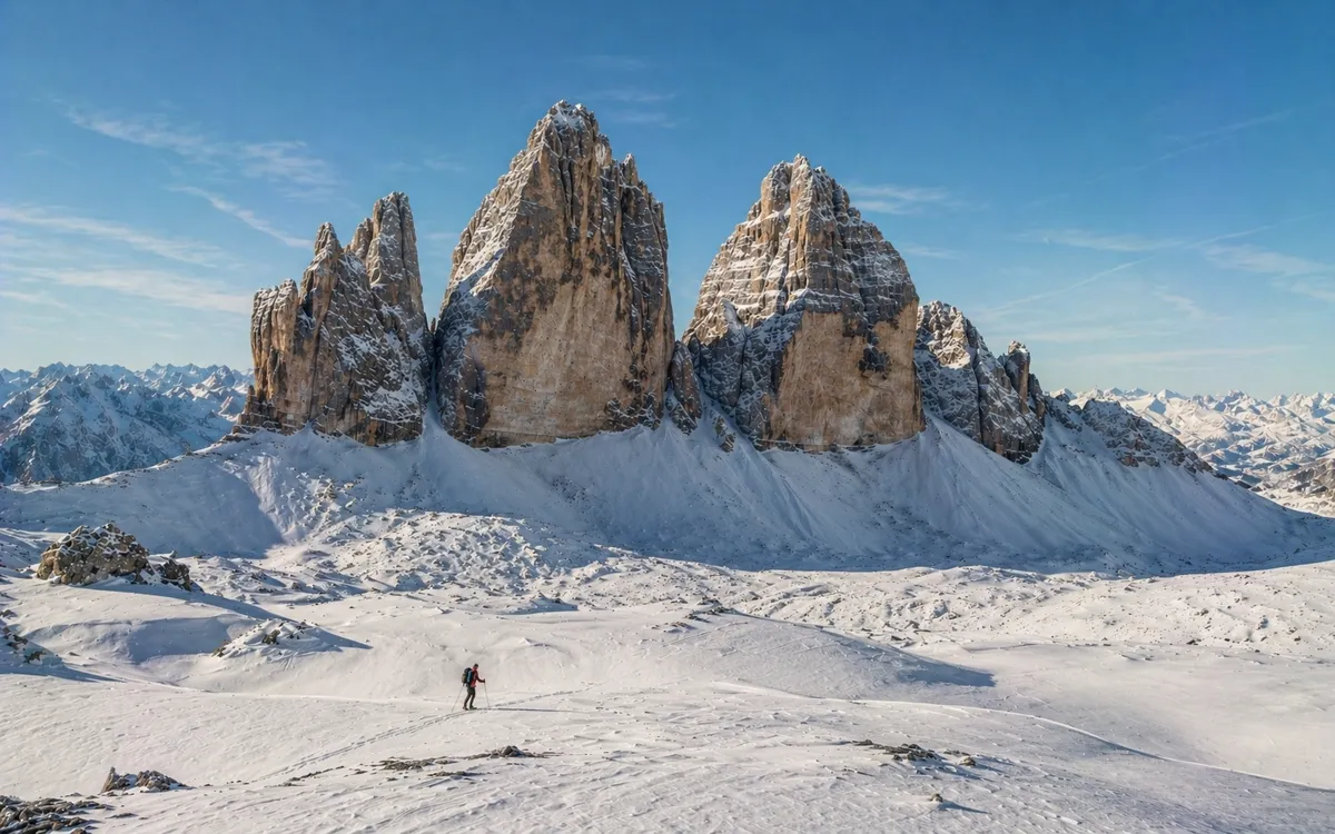 Las Tre Cime di Lavaredo en los Dolomitas con esquiador al pie