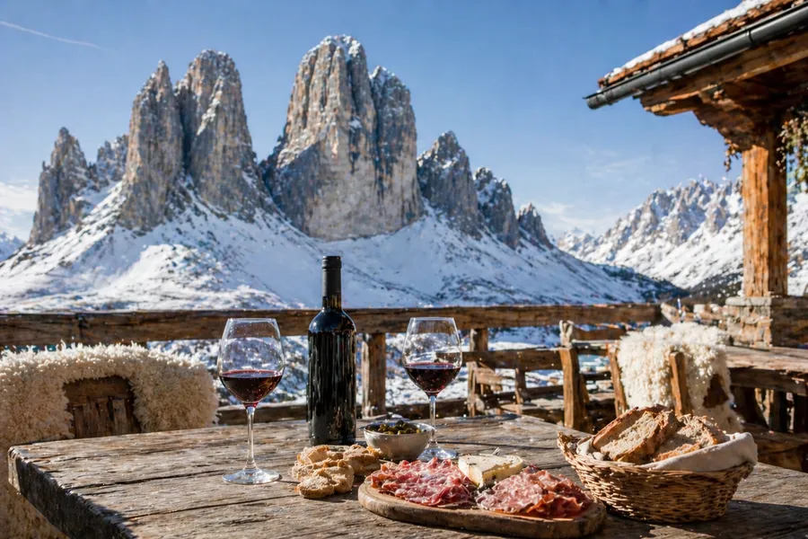 Terraza de rifugio italiano con vino y gastronomía local y las Tre Cime al fondo