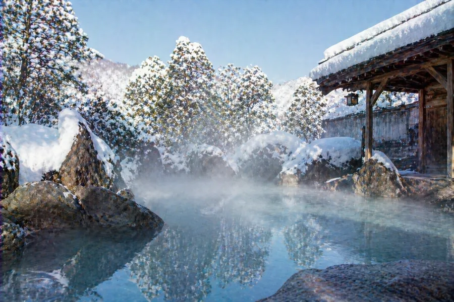 Onsen japonés exterior en invierno con vapor sobre el agua y pinos nevados