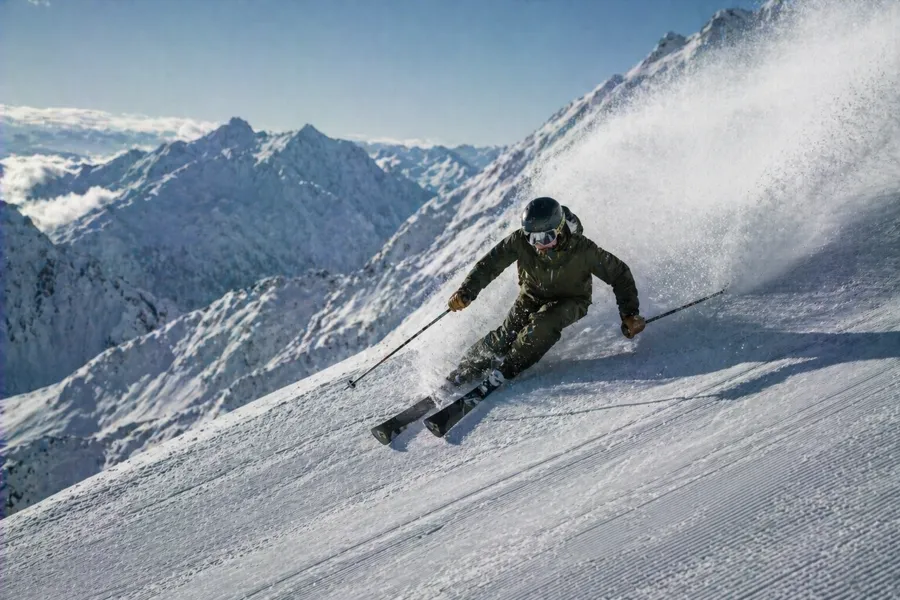 Esquiador en curva agresiva en pista negra del Arlberg en St. Anton