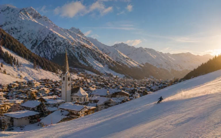 Pueblo de St. Anton am Arlberg con pistas y montañas al atardecer