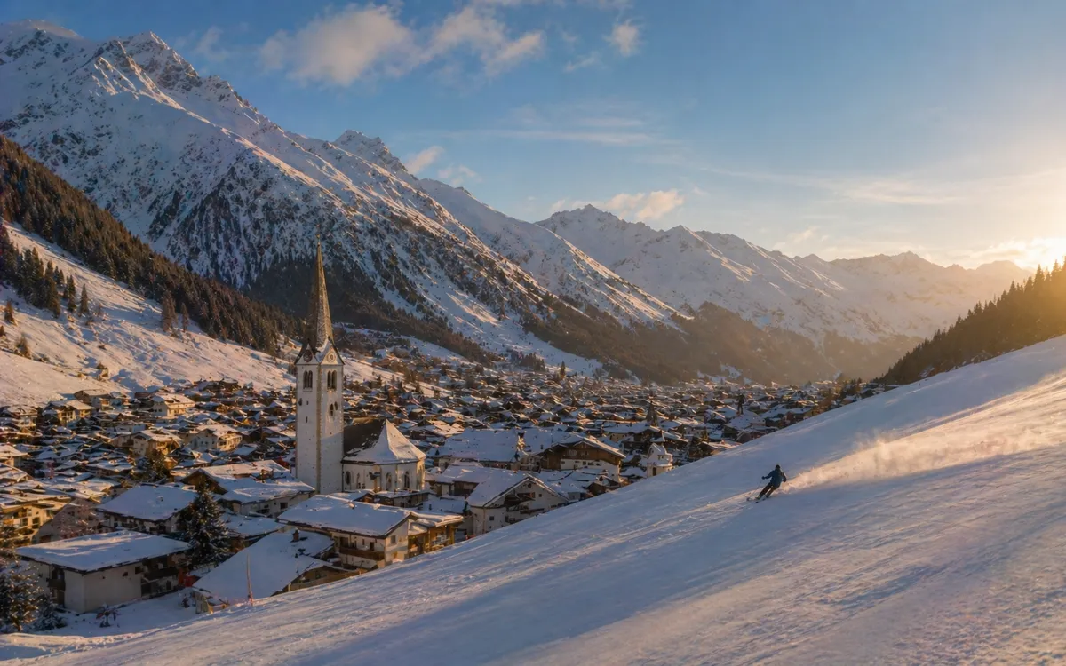Pueblo de St. Anton am Arlberg con pistas y montañas al atardecer