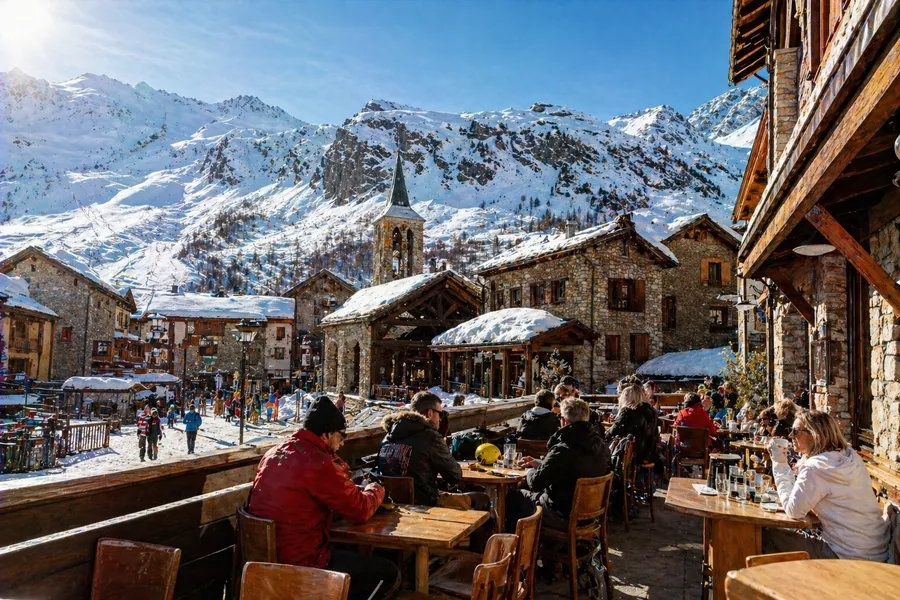 Terraza de restaurante de montaña en Val d'Isère con pistas nevadas al fondo