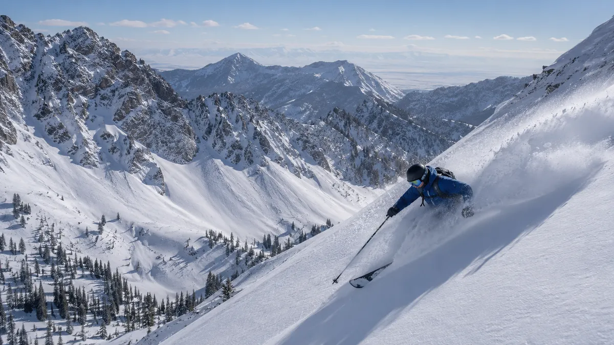 Esquiador descendiendo nieve profunda en Alta y Snowbird con terreno escarpado y montañas nevadas al fondo