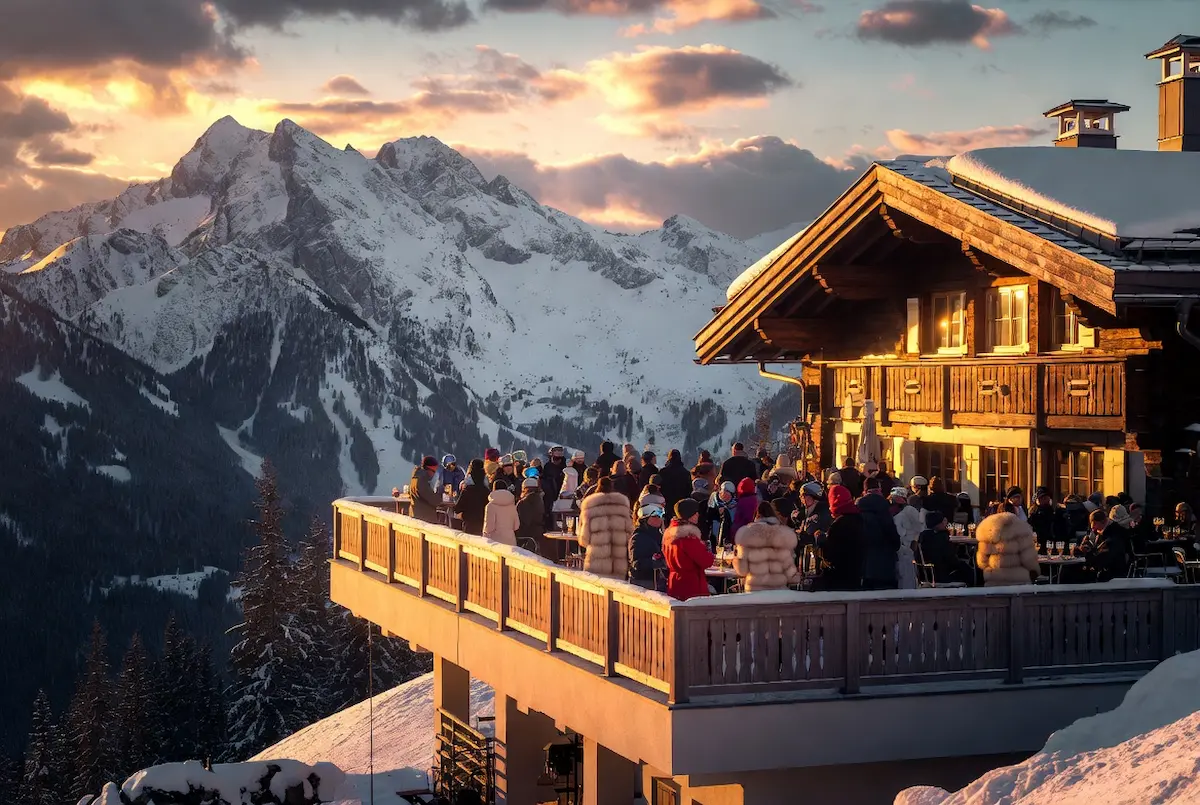 Terraza de après-ski en los Alpes al atardecer con montañas nevadas