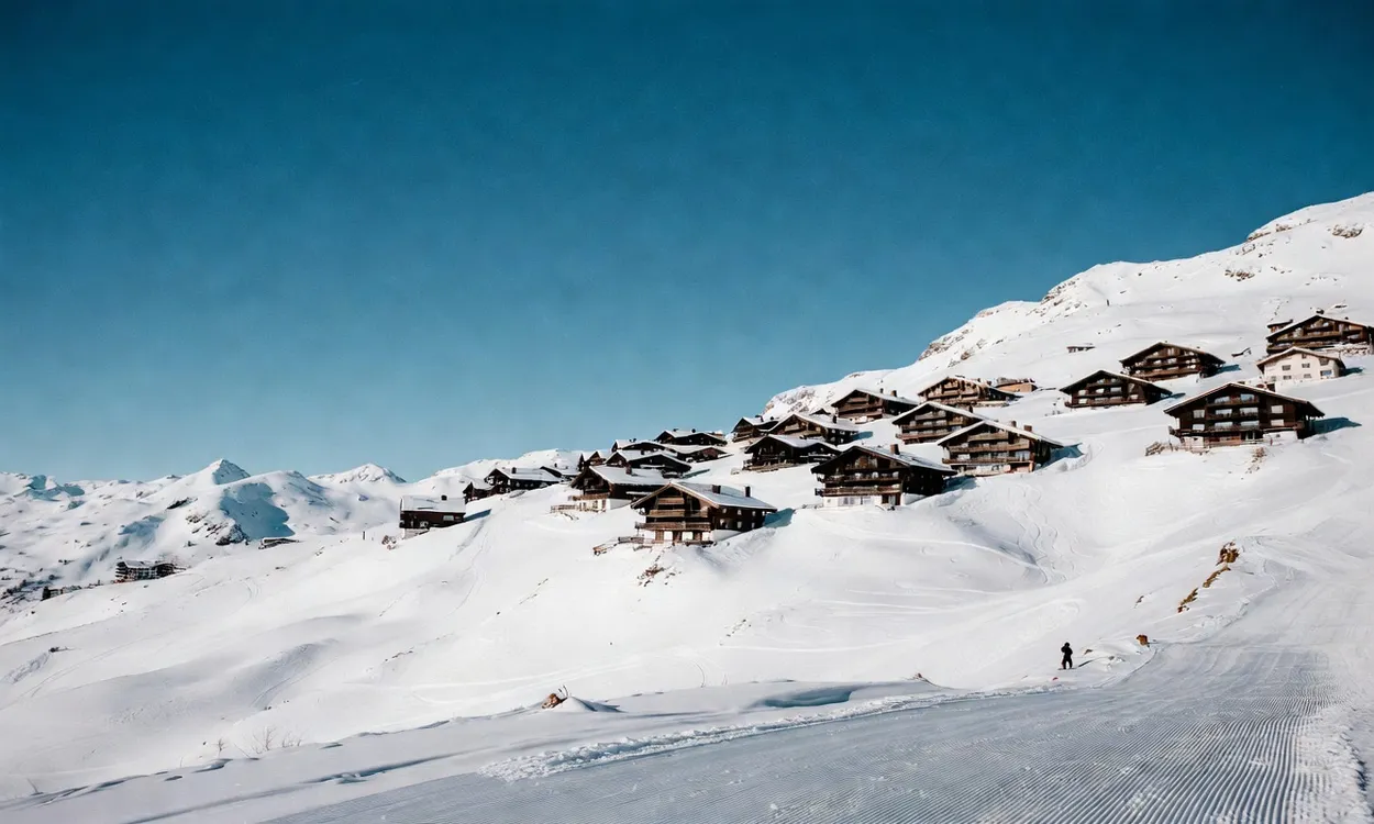 Chalets alpinos en ladera nevada con esquiador en pista corduroy en Courchevel