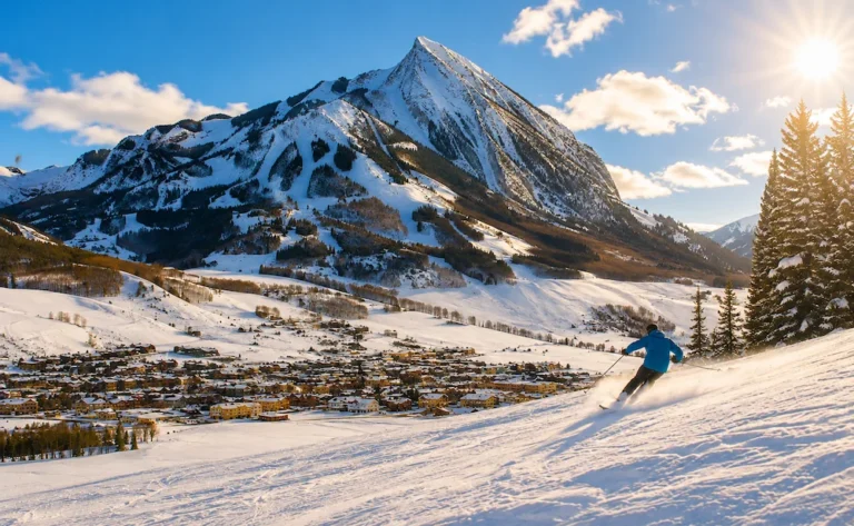 Esquiador descendiendo sobre Crested Butte con la montaña dominante al fondo en un día soleado de invierno en Colorado
