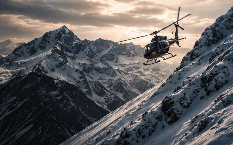 Helicóptero volando sobre una ladera nevada y grandes montañas alpinas en una experiencia de heliski