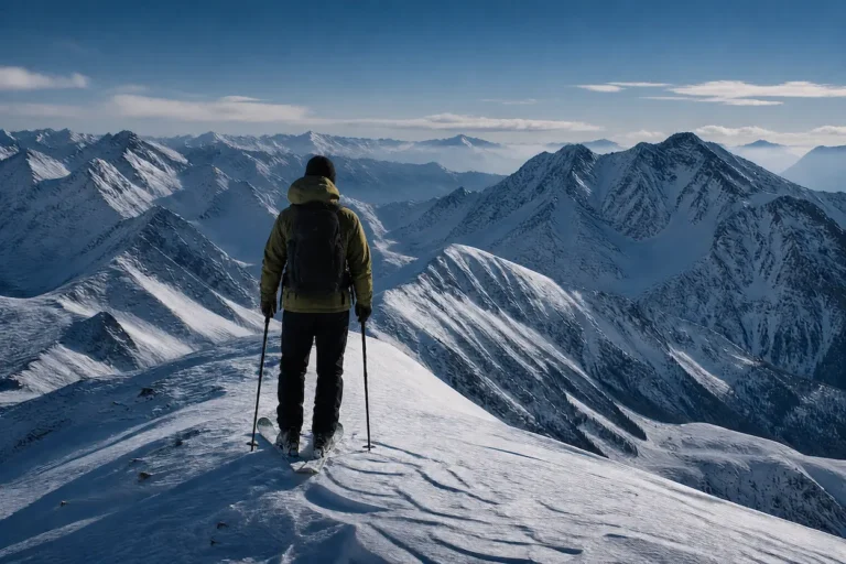esquiador en cresta de montaña en enero observando múltiples destinos nevados