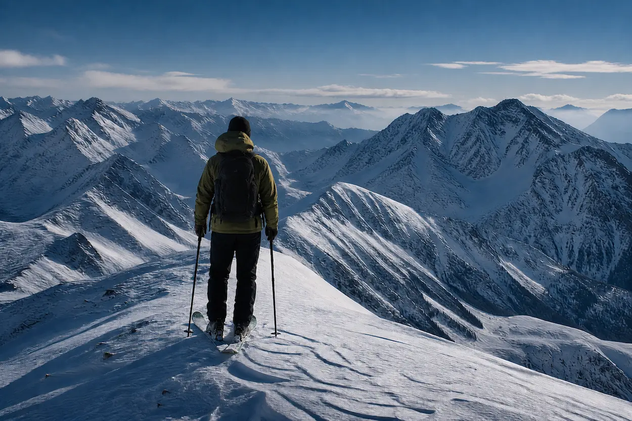 esquiador en cresta de montaña en enero observando múltiples destinos nevados