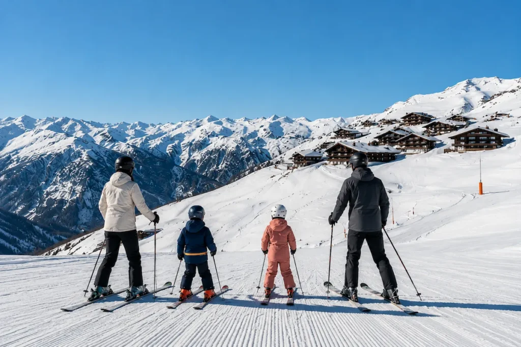 familia esquiando junta en pista con vistas a montaña nevada