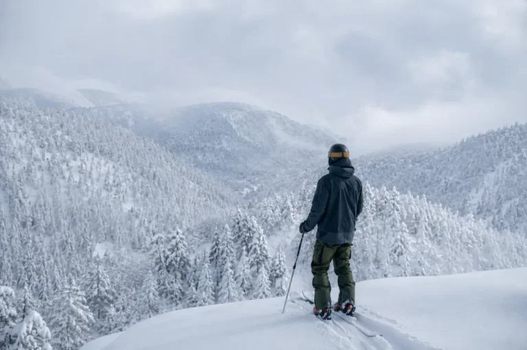 Esquiador contemplando un paisaje nevado en Hokkaido, Japón
