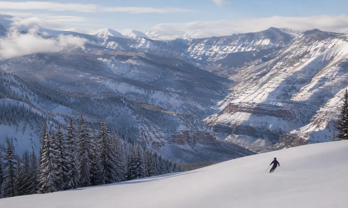 Esquiador descendiendo por nieve seca en las montañas del Wasatch, Utah, con cañones nevados y bosques alpinos al fondo
