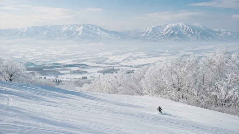 Esquiador solitario en una ladera amplia de Furano con árboles cubiertos de nieve y paisaje sereno de Hokkaido