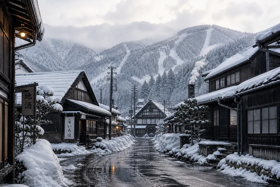 Calle nevada con casas tradicionales en Hakuba, Nagano, Japón, con montañas al fondo