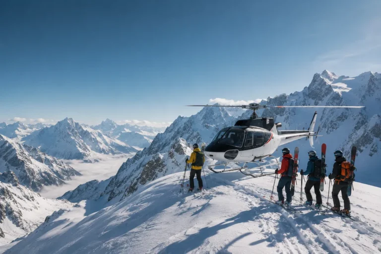 Heliski en alta montaña con helicóptero y esquiadores en terreno alpino remoto
