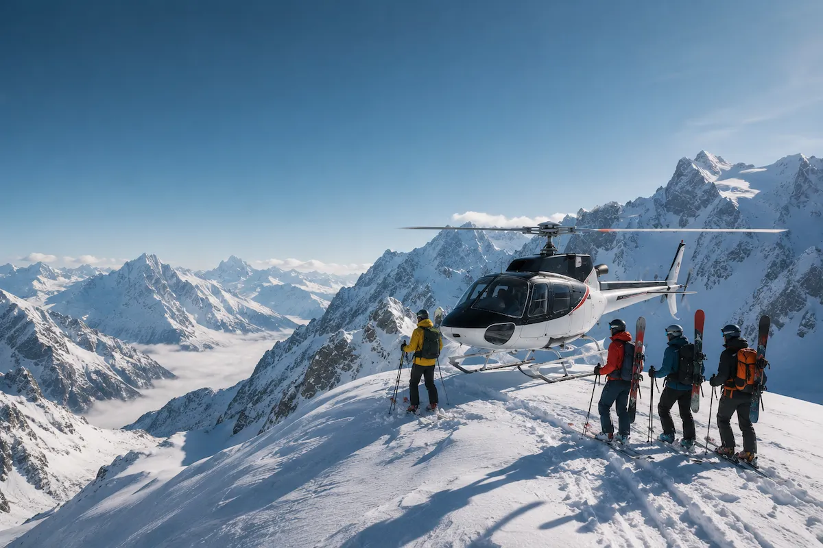 Heliski en alta montaña con helicóptero y esquiadores en terreno alpino remoto