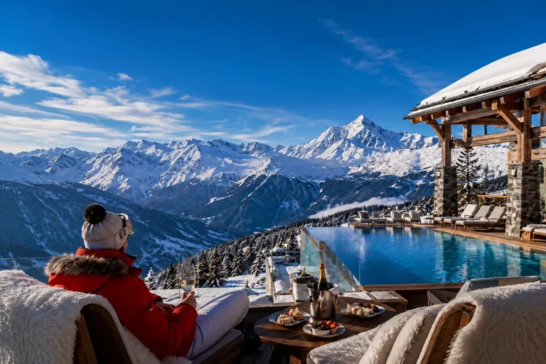 Terraza de un resort de esquí de lujo con piscina exterior, vistas panorámicas a montañas nevadas y una huésped disfrutando del paisaje