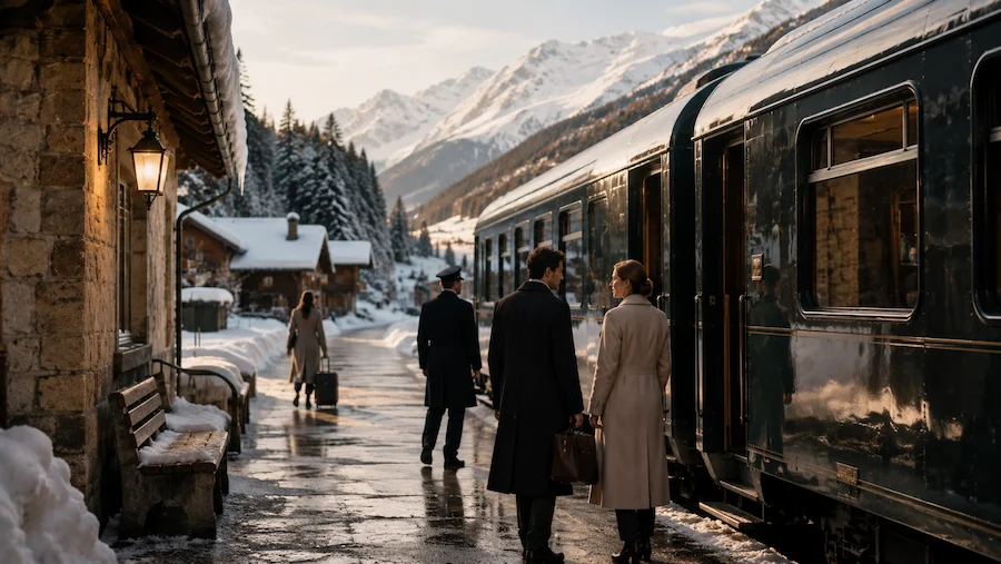 Tren elegante detenido en una estación alpina nevada, con viajeros en el andén y montañas de los Alpes al fondo