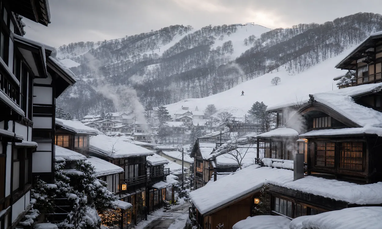 Pueblo tradicional de Nozawa Onsen nevado con ryokans históricos y las pistas de esquí visibles al fondo, Japón