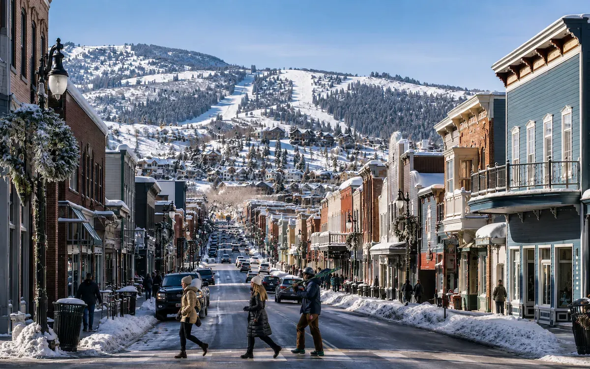 Calle principal de Park City cubierta de nieve, con edificios históricos, ambiente urbano alpino y pistas de esquí al fondo.