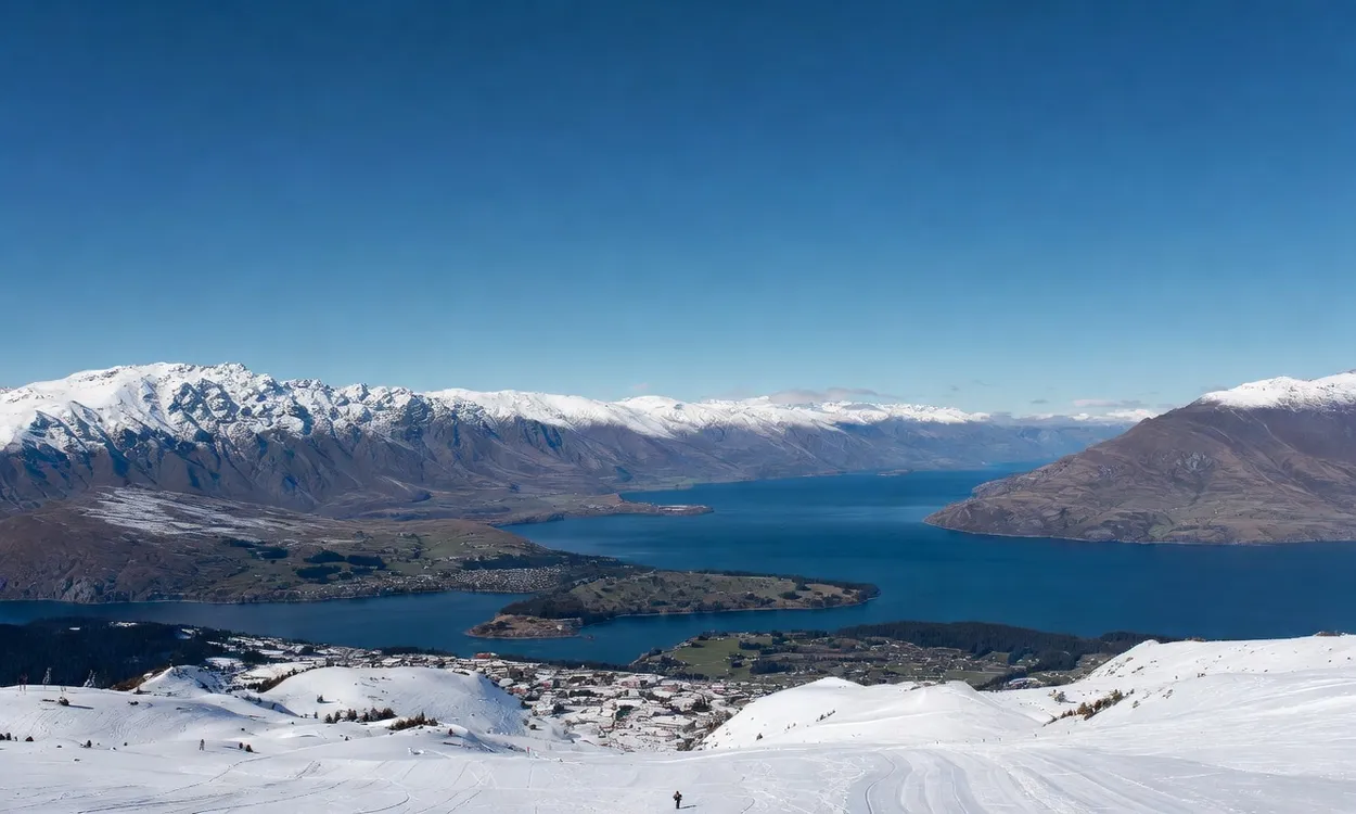 Vista desde las pistas de Queenstown con el lago Wakatipu y la cordillera The Remarkables al fondo, Nueva Zelanda