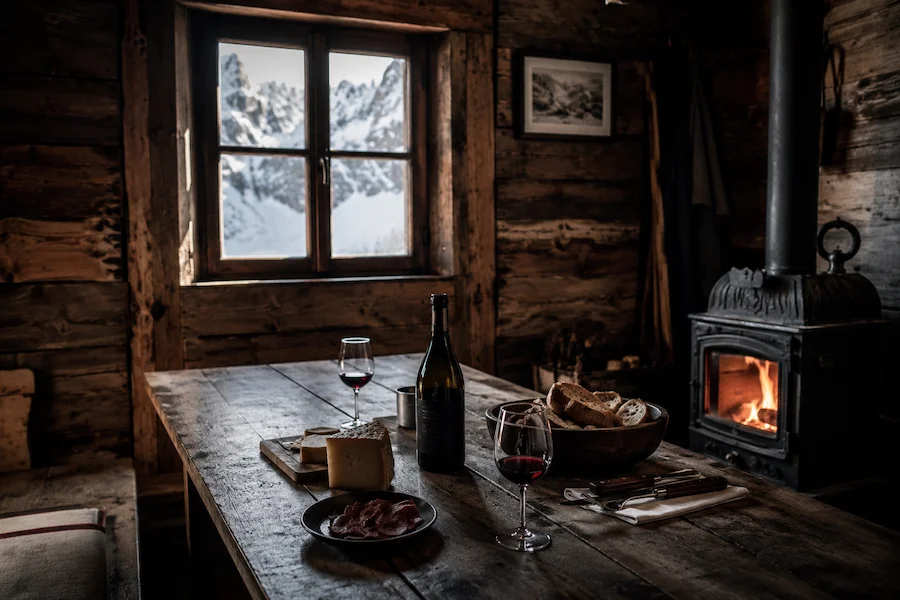 Interior de un refugio de montaña con mesa de madera, vino, comida sencilla, estufa encendida y picos nevados al fondo