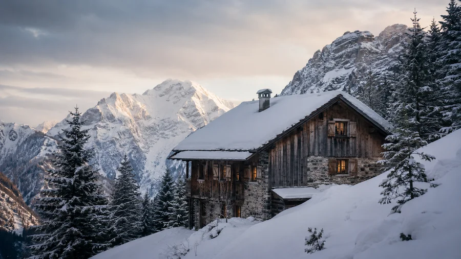 Refugio alpino tradicional de madera y piedra rodeado de nieve, pinos y montañas de los Alpes al fondo