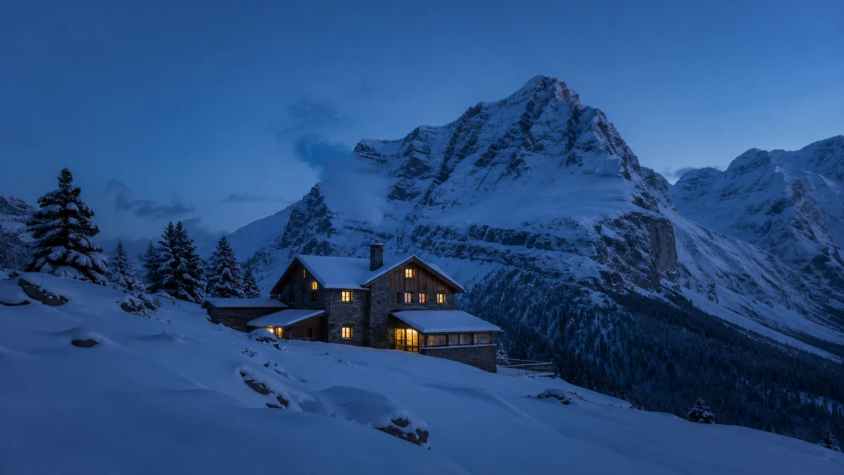 Refugio de montaña iluminado al anochecer entre nieve profunda y grandes picos alpinos