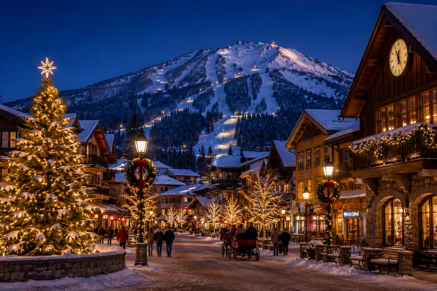 Resort de esquí norteamericano decorado en Navidad con pistas iluminadas al fondo