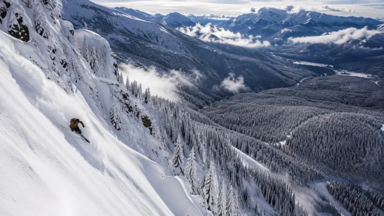 Esquiador descendiendo una ladera empinada sobre un inmenso valle boscoso nevado en Revelstoke