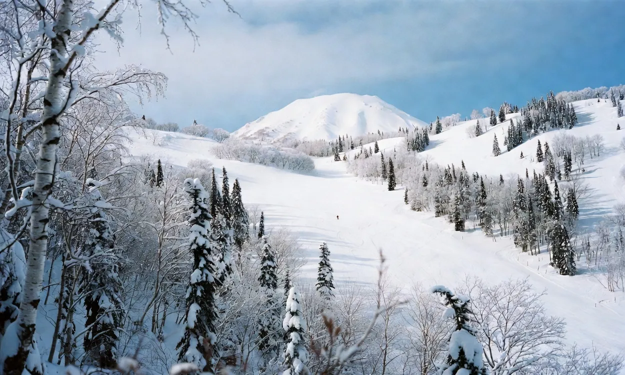 Esquiador entre árboles en el dominio silencioso de Rusutsu con powder fresco en Hokkaido, Japón