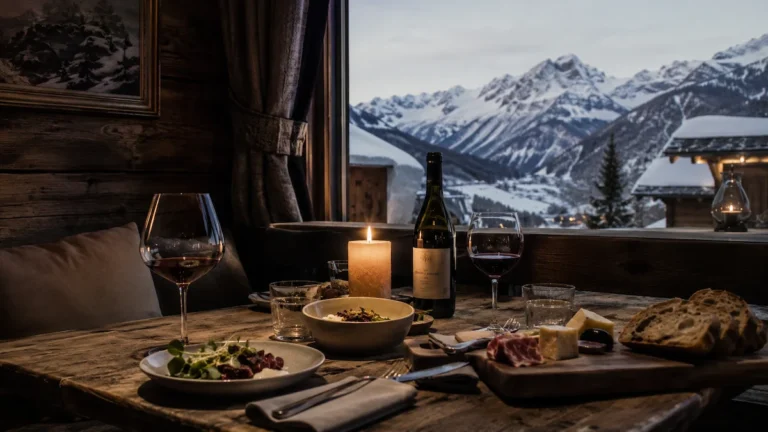 Mesa de montaña con vino, platos y vela junto a una ventana con vistas nevadas en un refugio alpino
