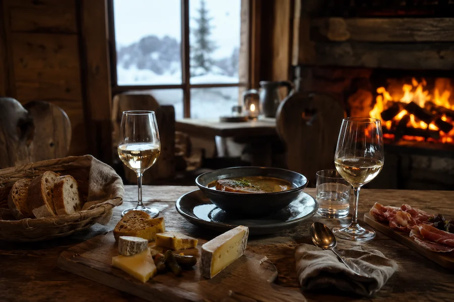 Mesa rústica en un refugio de montaña con sopa, quesos, pan, vino y chimenea encendida tras esquiar