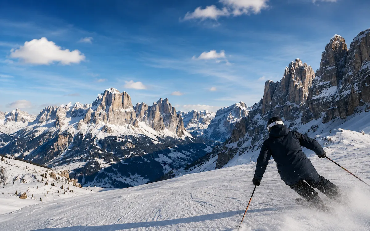 Esquiador descendiendo una pista de la Sellaronda con las paredes rocosas de los Dolomitas al fondo.