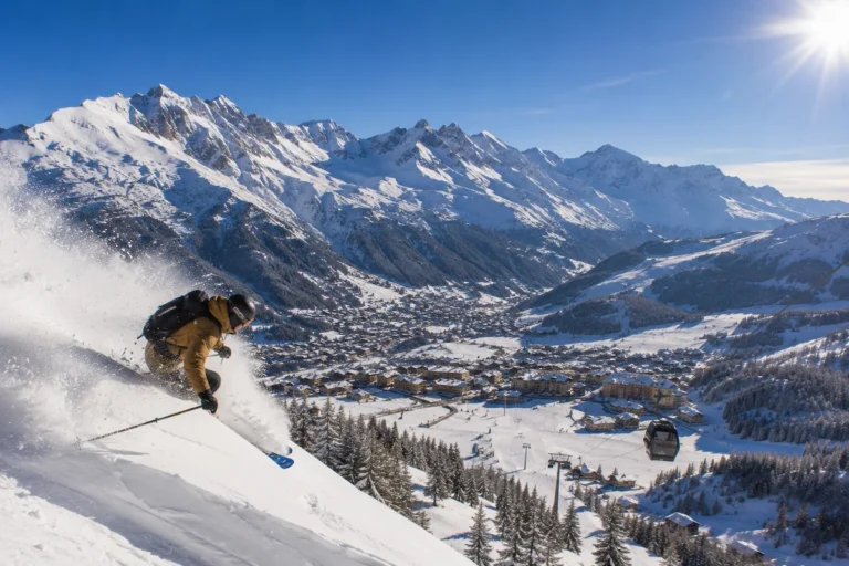 Esquiador descendiendo sobre Serre Chevalier con el valle nevado de los Hautes-Alpes, telecabinas y grandes montañas alpinas bajo cielo azul intenso.