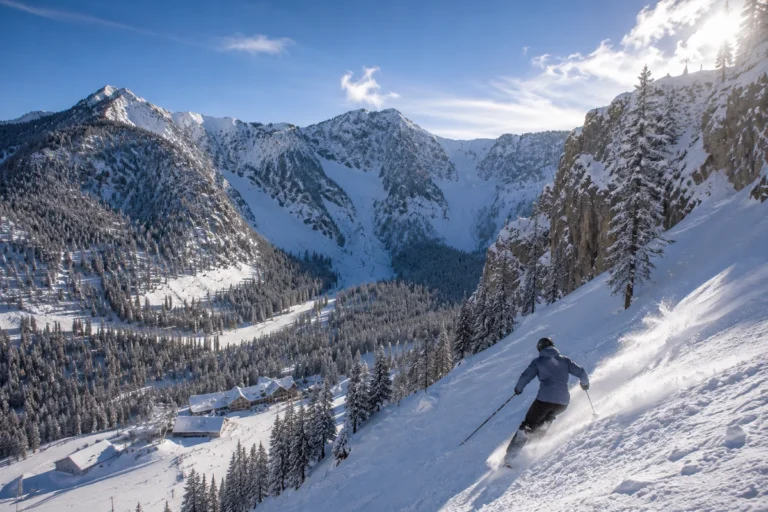 Esquiador descendiendo una ladera empinada en Taos Ski Valley con las montañas Sangre de Cristo nevadas al fondo