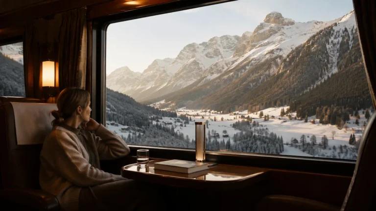 Interior de un tren alpino con ventana panorámica y paisaje nevado de montaña al fondo