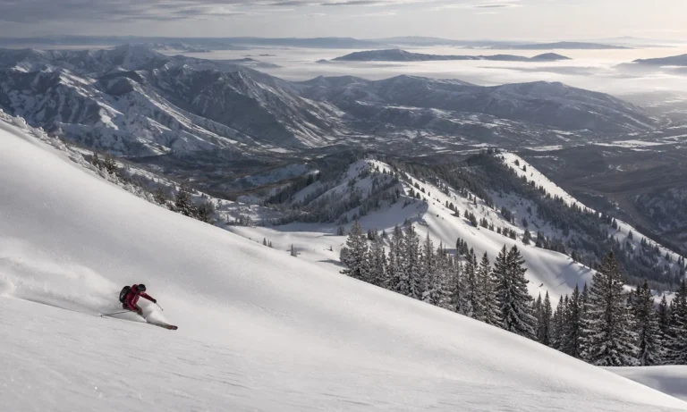 Esquiador con chaqueta roja descendiendo por nieve seca en el Wasatch Range, Utah, con montañas nevadas y bosques alpinos al fondo