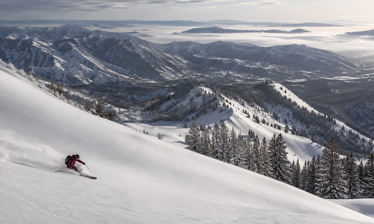 Esquiador con chaqueta roja descendiendo por nieve seca en el Wasatch Range, Utah, con montañas nevadas y bosques alpinos al fondo