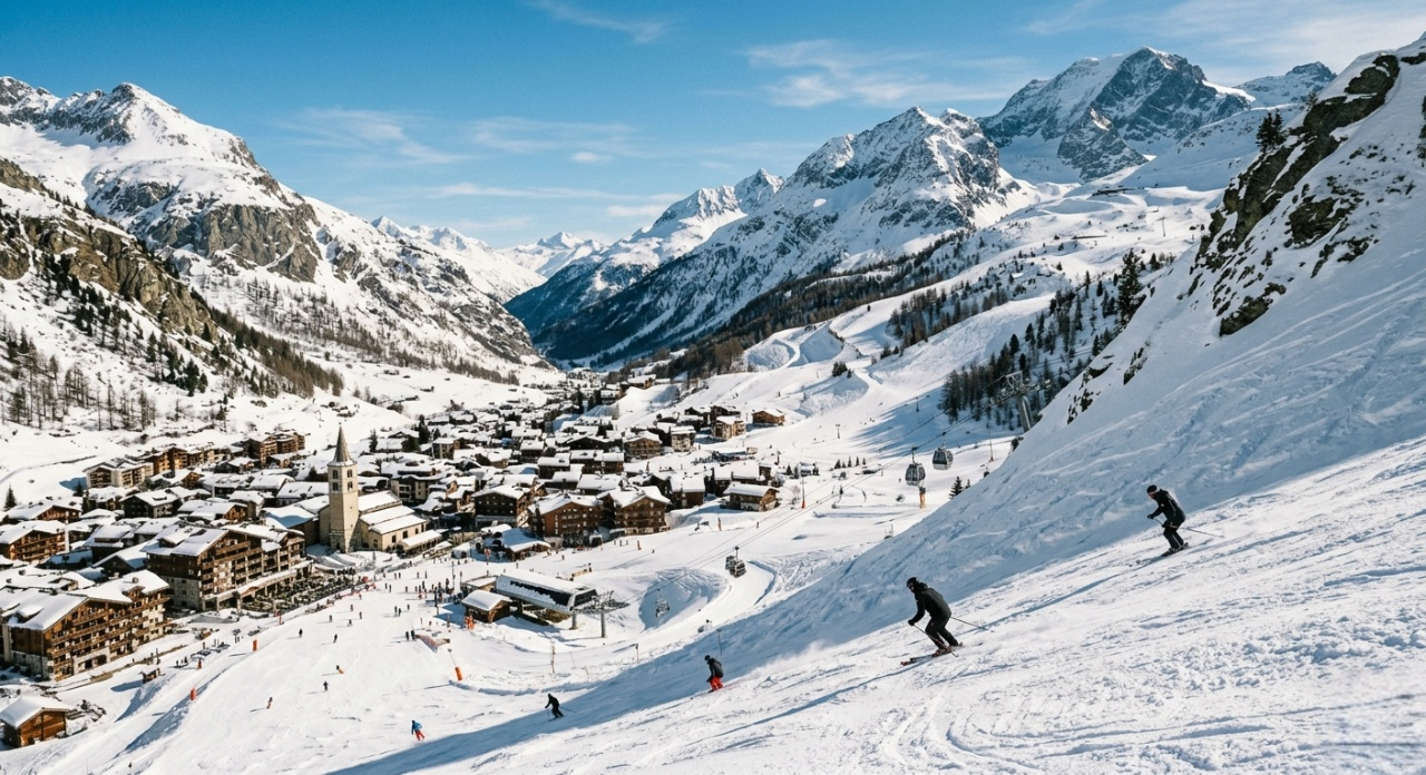 Vista panorámica de Val d’Isère con el pueblo, la iglesia, pistas nevadas y esquiadores descendiendo hacia el valle.