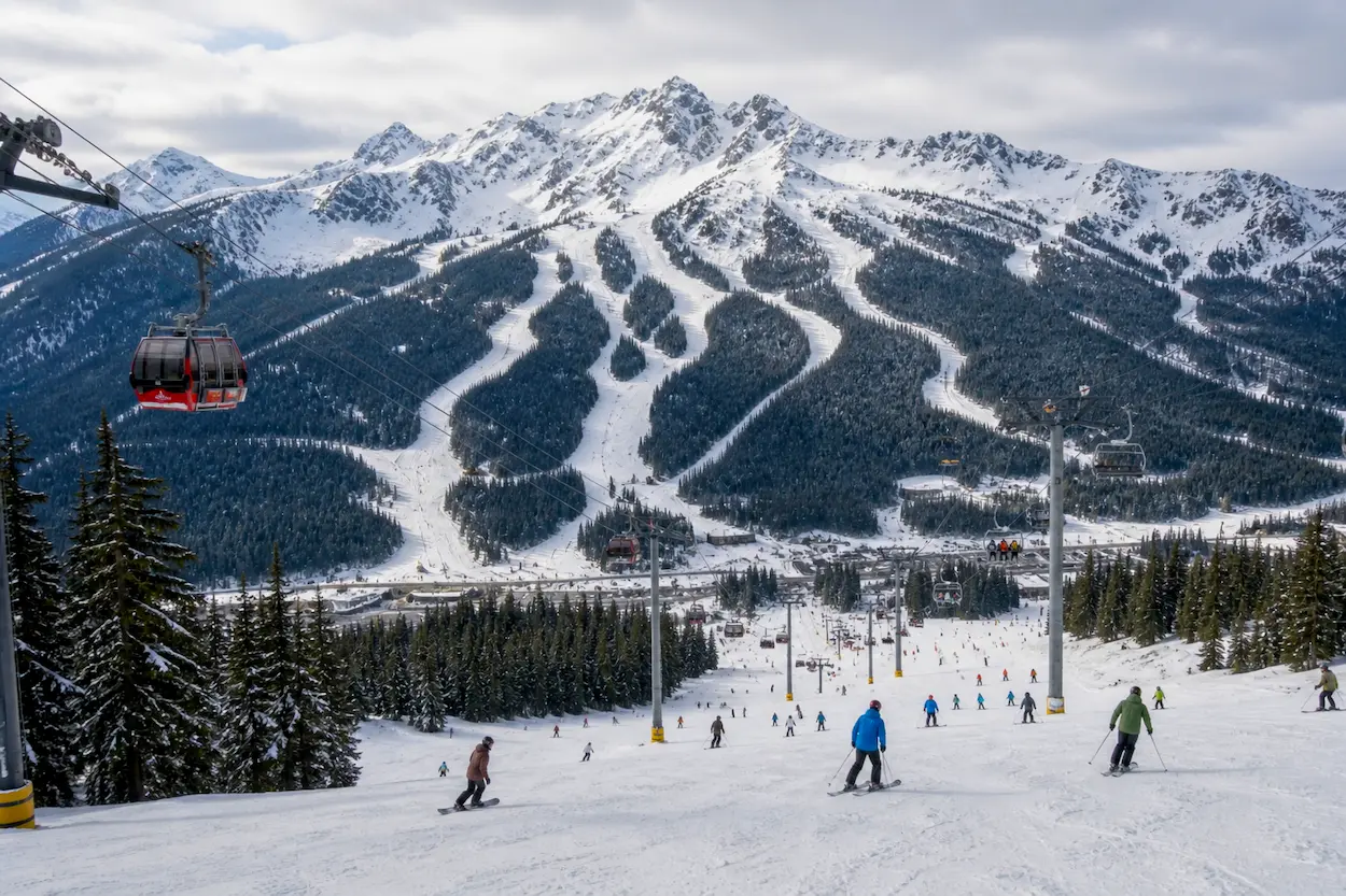 Whistler Blackcomb con pistas amplias, esquiadores y remontes conectando el dominio en una estación de esquí en Canadá